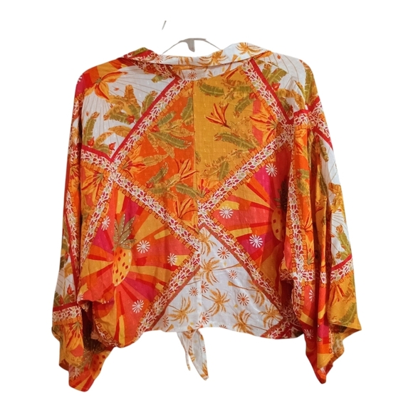 Haute Hippie Long Sleeve Tropical Orange Green Tie-Front Blouse Medium Boho - Picture 2 of 7
